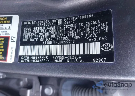 2017 Toyota Camry Hybrid Se из США, поврежденный, VIN 4T1BD1FK0HU222212